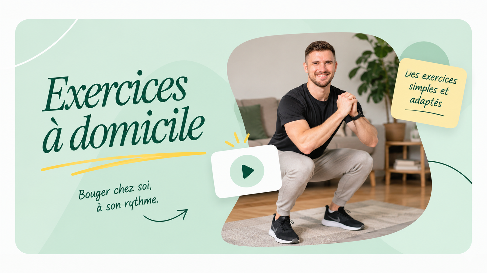 Visuel de l'article : une personne réalise une flexion des jambes dans son salon, avec la mention « Exercices à domicile ».